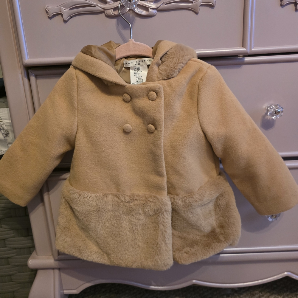 Chic Tan Kids Pea Coat with Faux Fur Trim